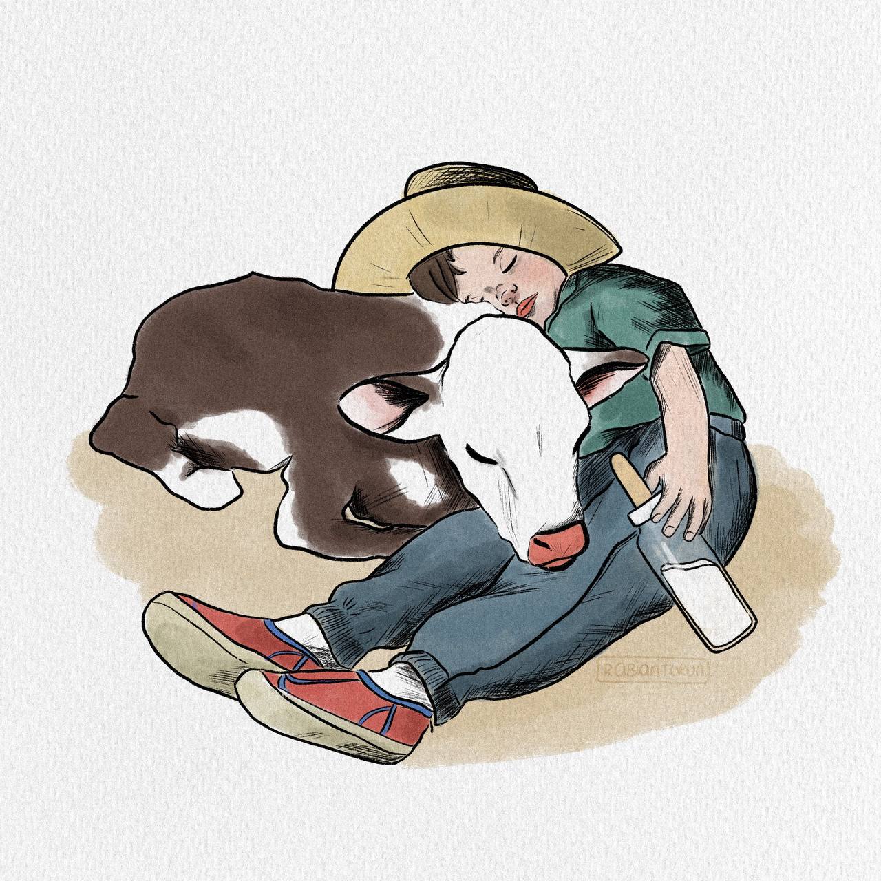Child napping against a calf
