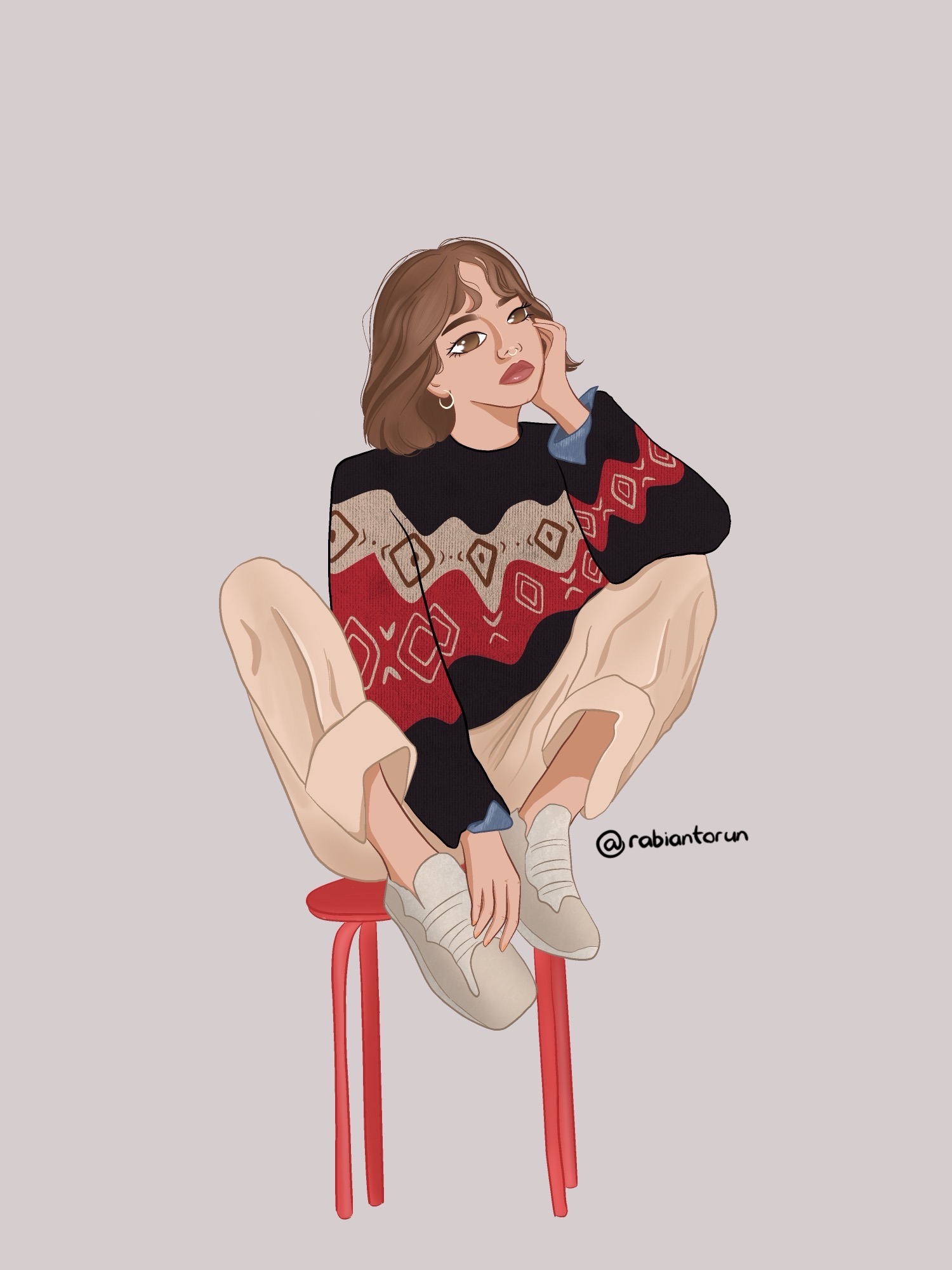 Girl in a cosy sweater on a red stool