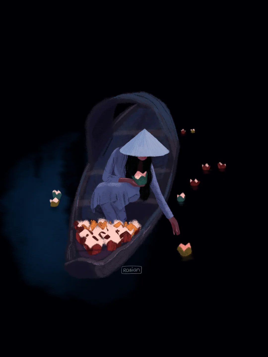 Woman in a boat releasing floating lanterns