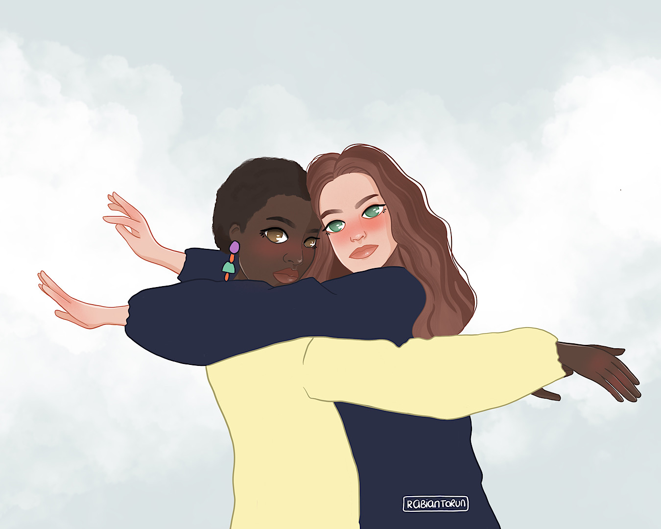 Two friends hugging against a cloudy sky
