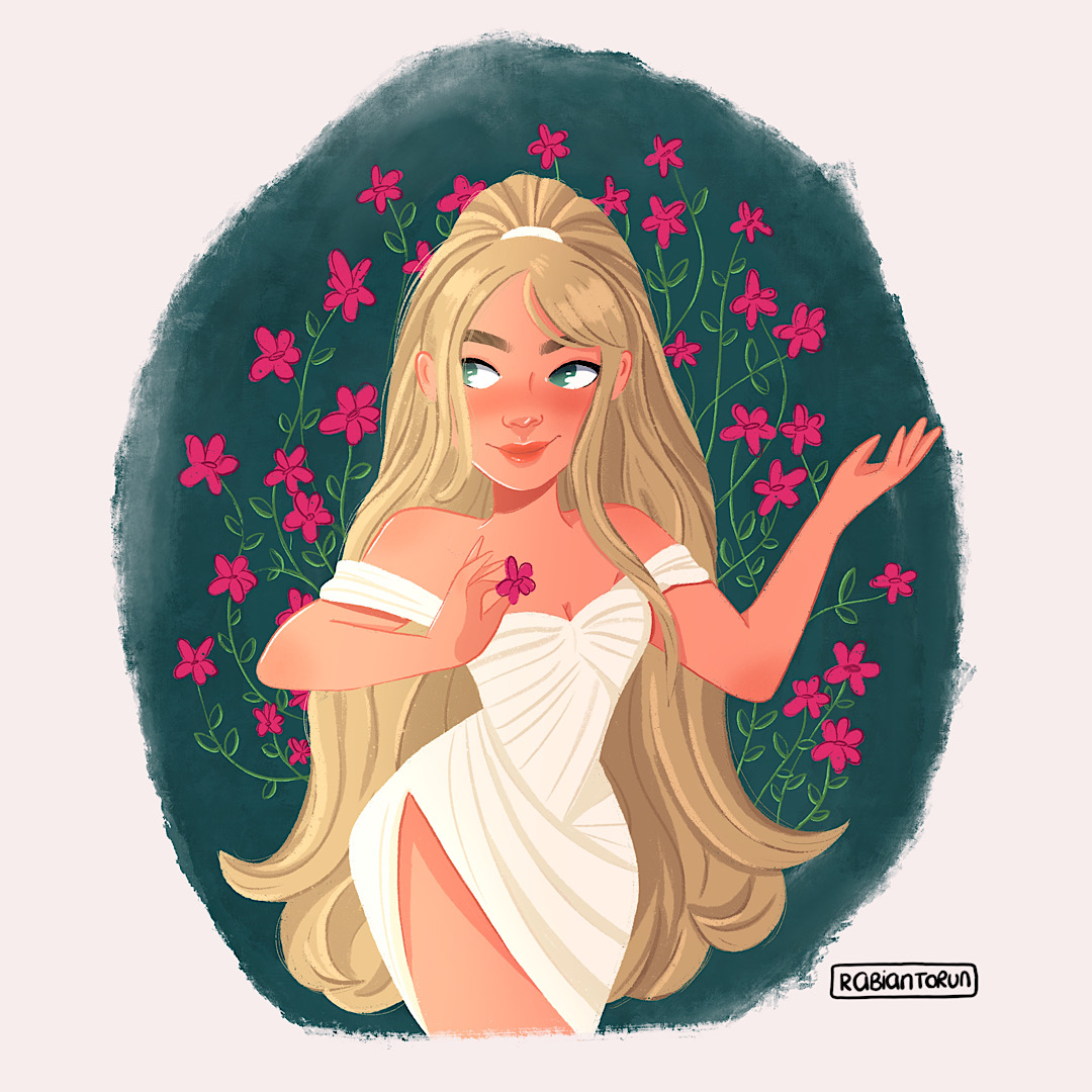 Portrait surrounded by pink flowers