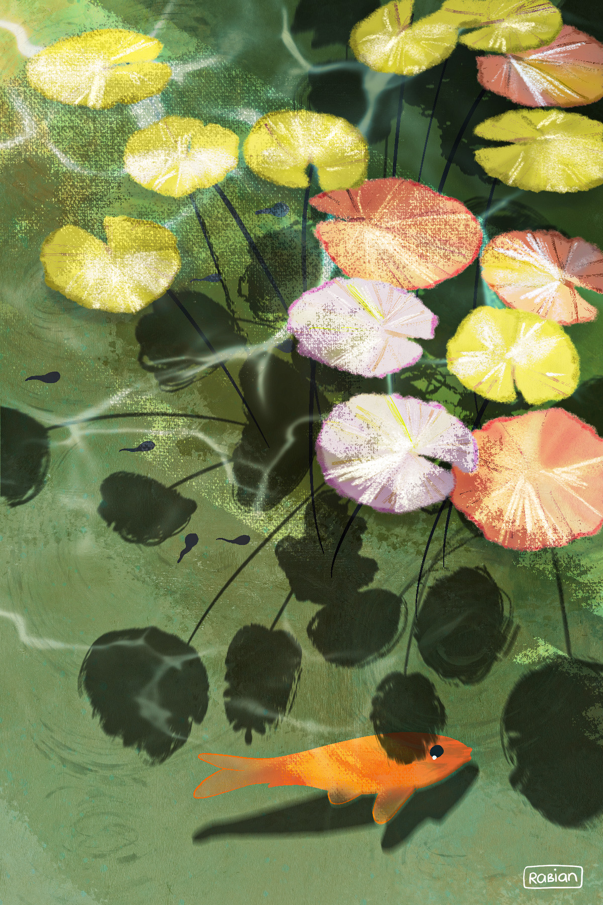 Goldfish among lily pads