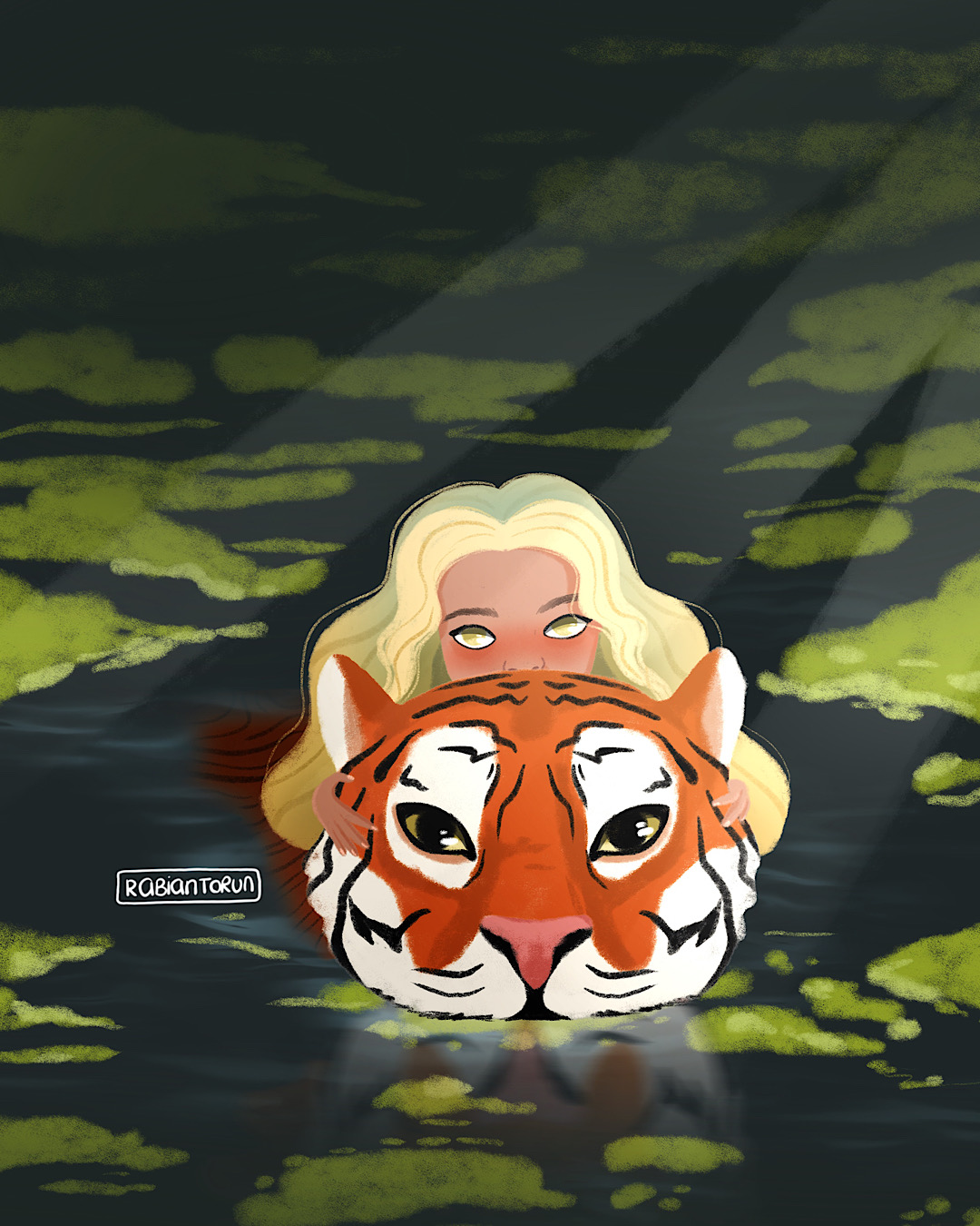 Girl and tiger surfacing from green water