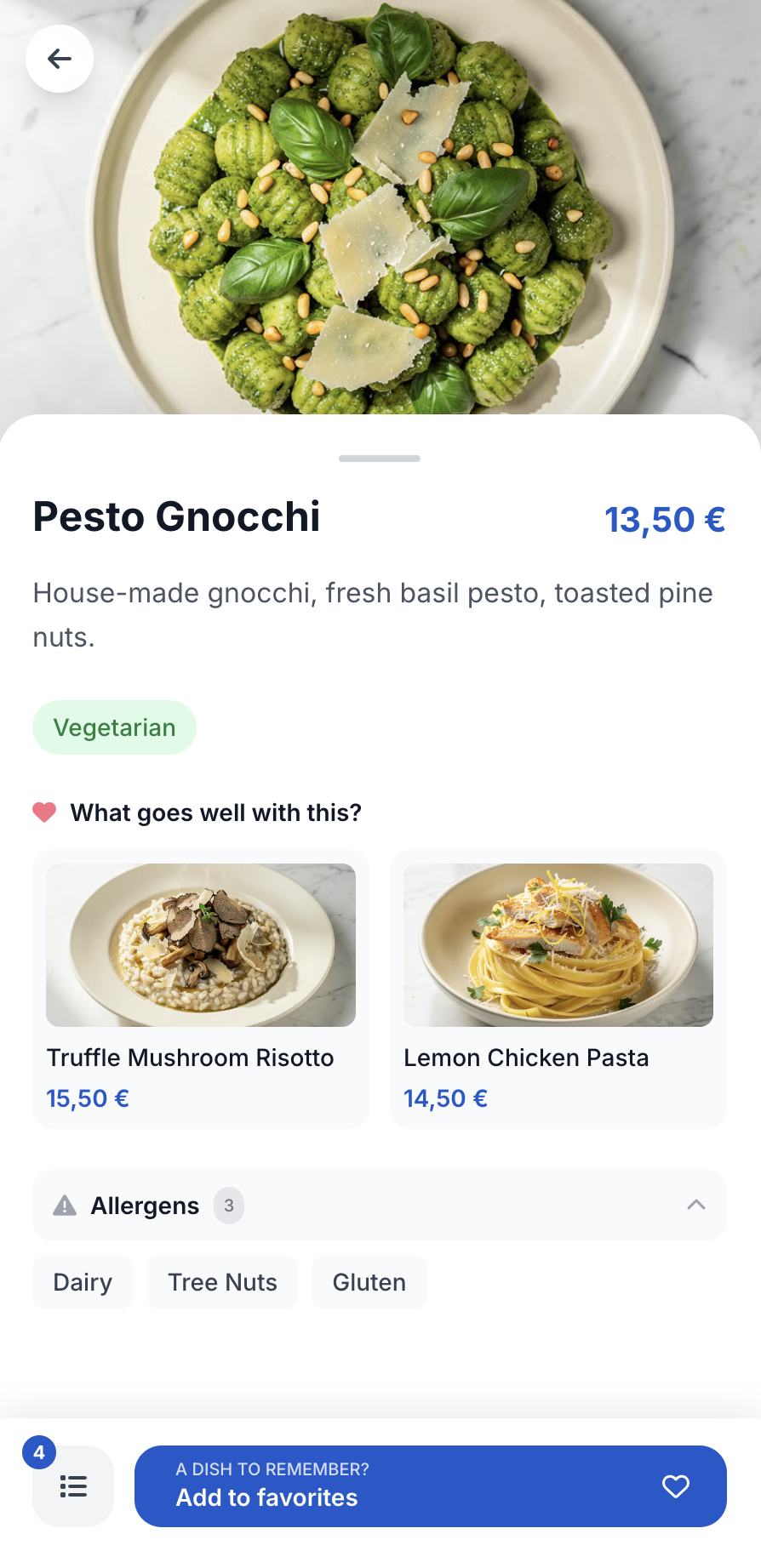 Dish detail: Pesto Gnocchi, allergens, and what goes well with this