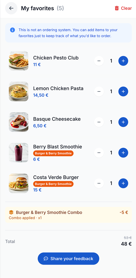 The favourites list with its 'not an ordering system' notice and running total
