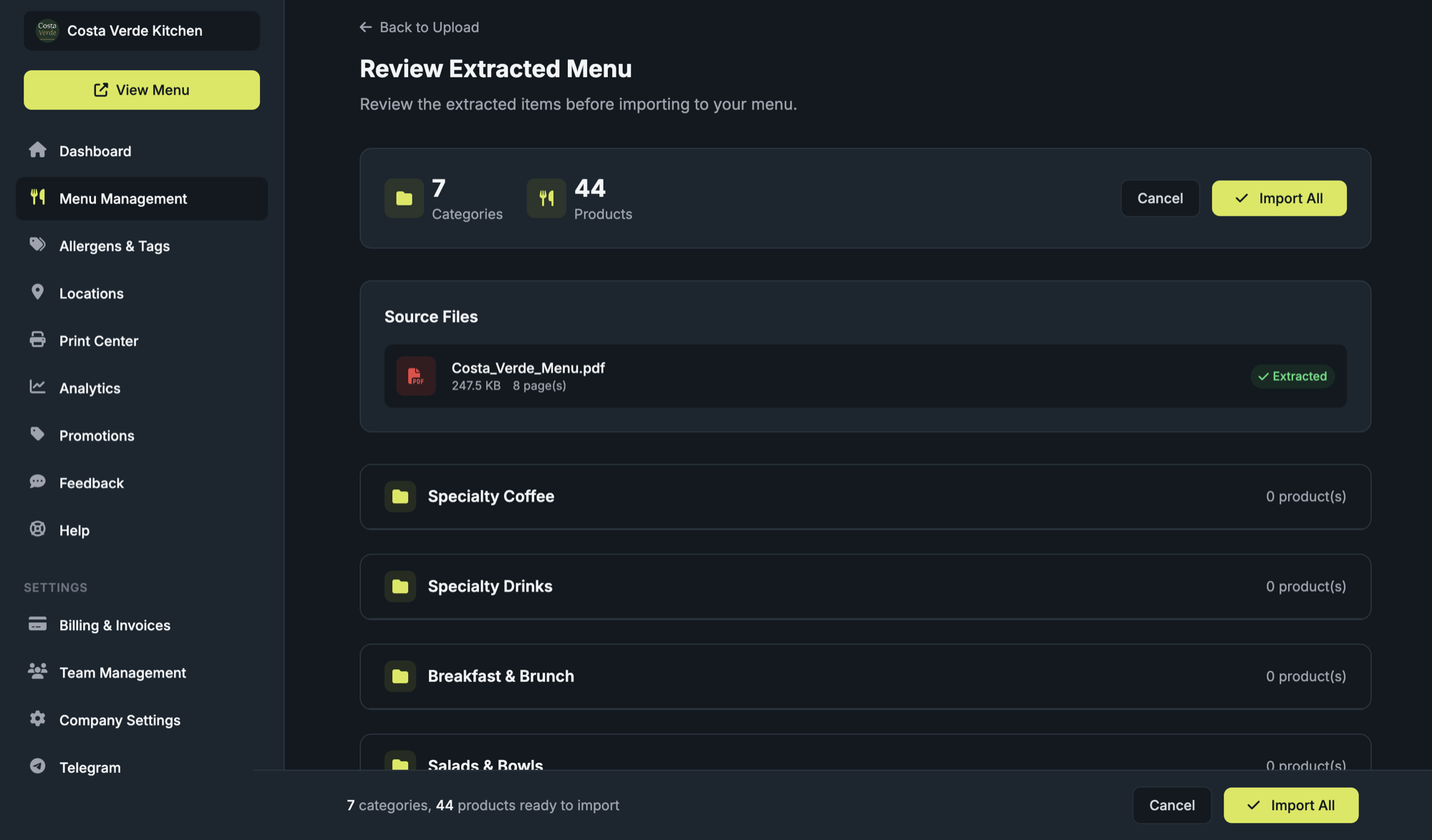 Review Extracted Menu: 7 categories, 44 products from Costa_Verde_Menu.pdf, each waiting for approval